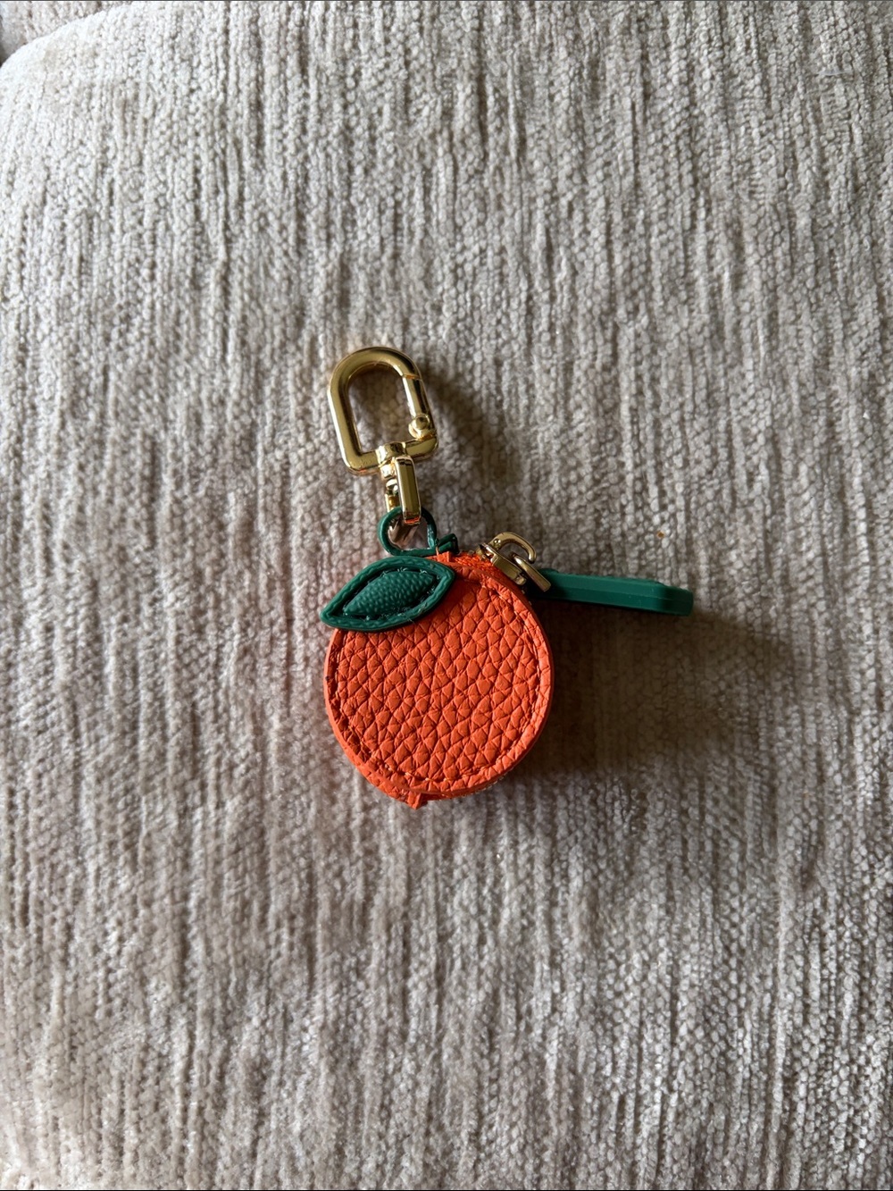 NEW Orange Fruit Keychain Charm with Green Leaf Faux Leather